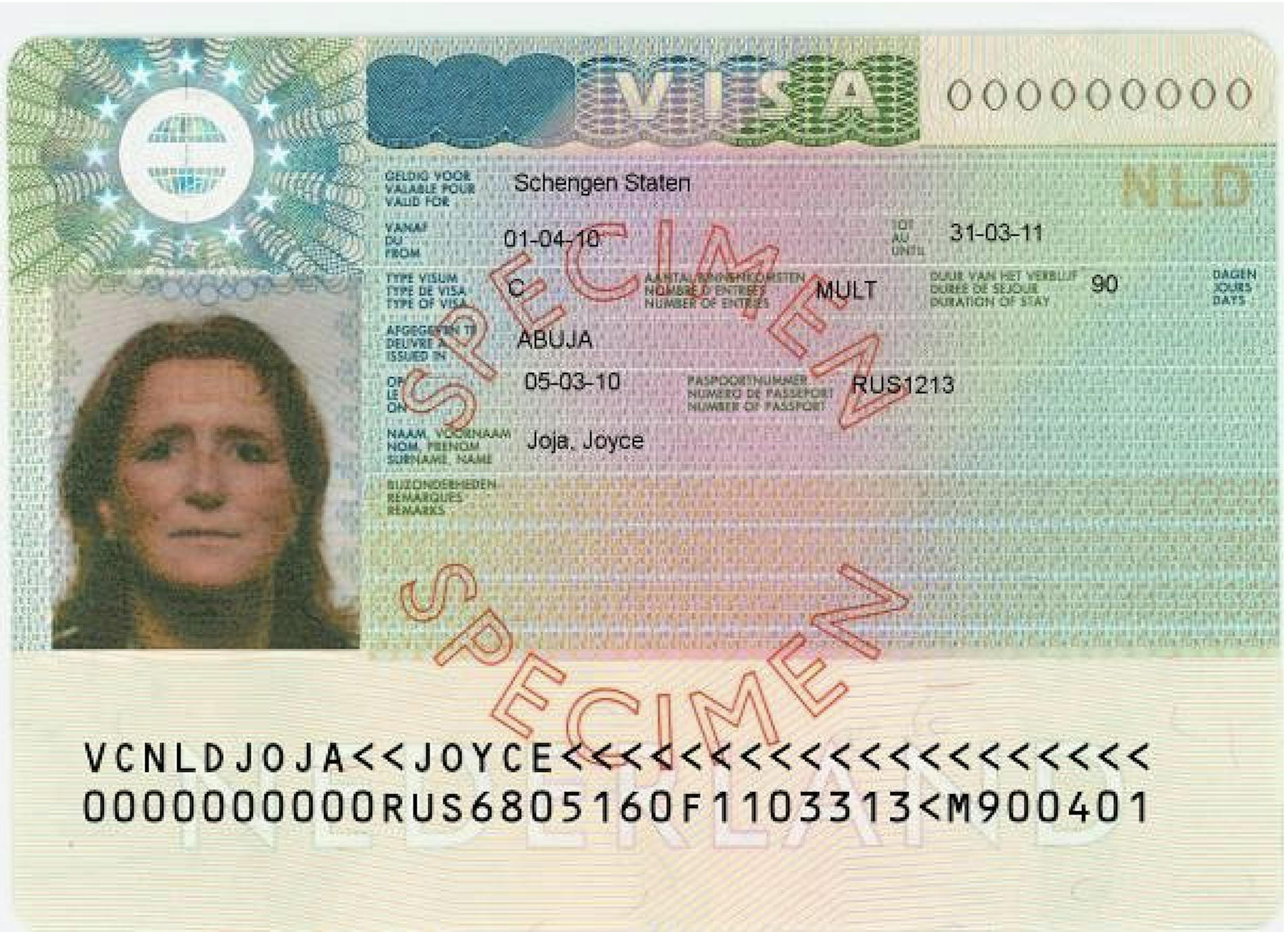 Example of a Schengen sticker visa.