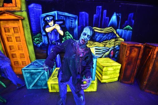 Blue, green, and brown boxes surrounding a modle zombie and police officer.