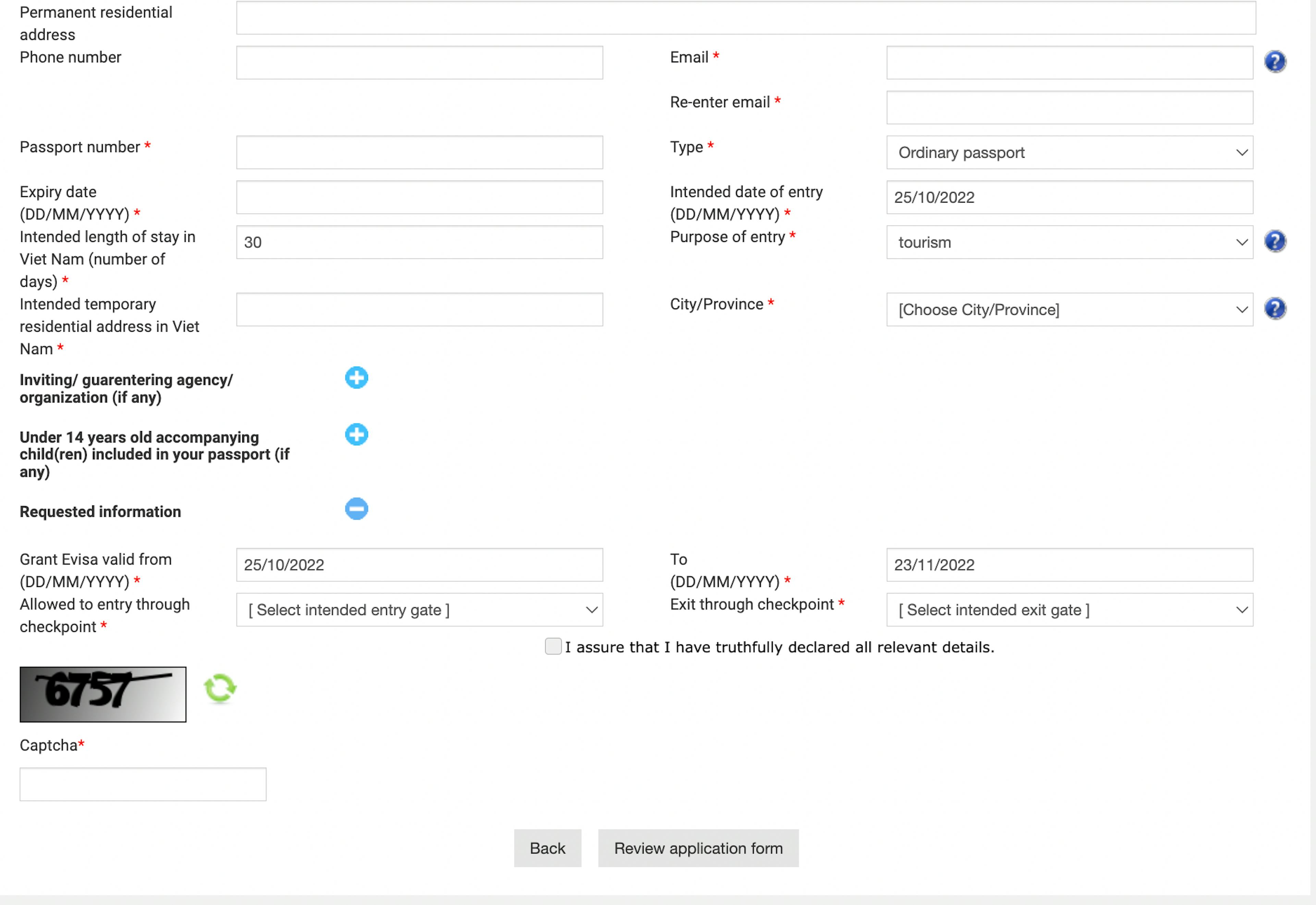 Continuation of the Vietnam visa application form