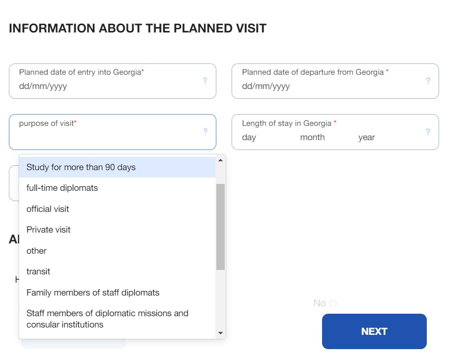 Choosing your visa type when applying for a Georgia visa.