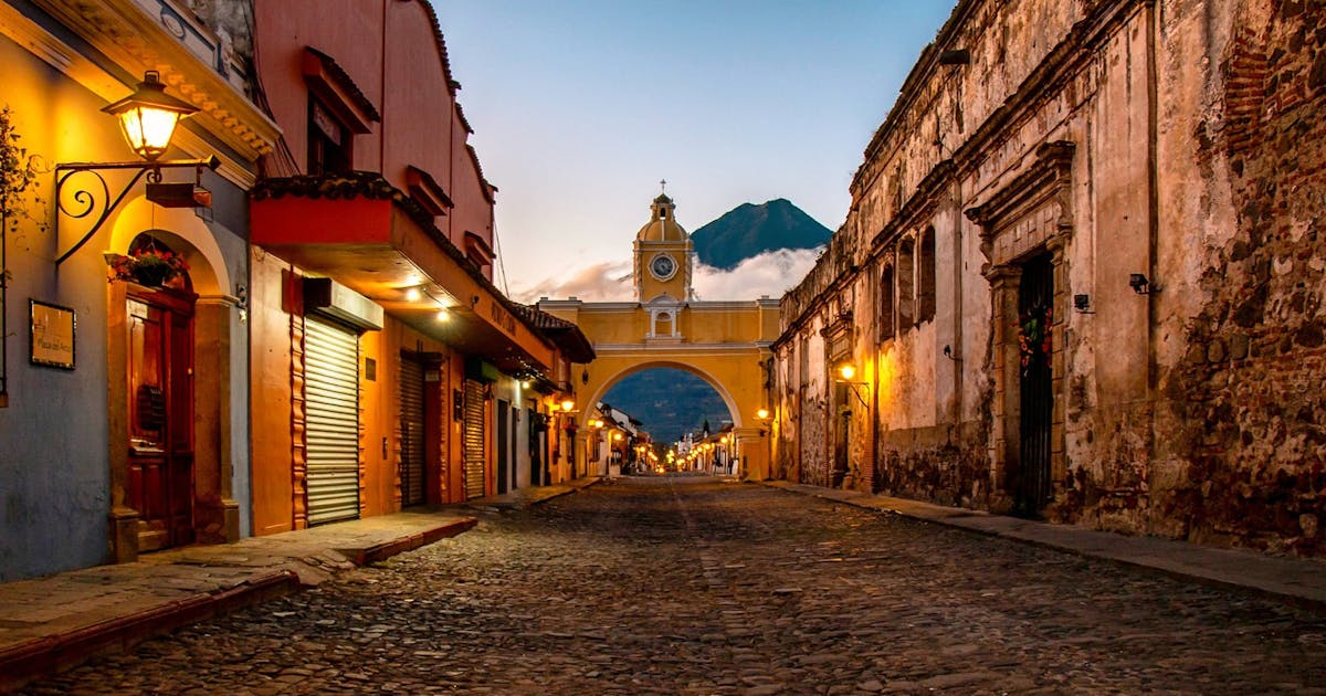Sunset view of the Santa Catalina Arch in Antigua Guatemala