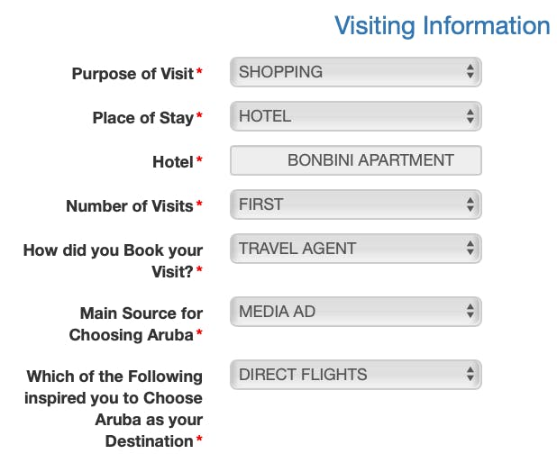 A screenshot of the visiting information you need to enter during application
