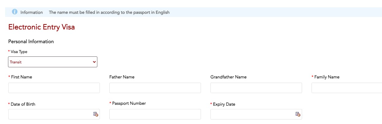 A screen shot of the government portal to show how the transit visa application looks