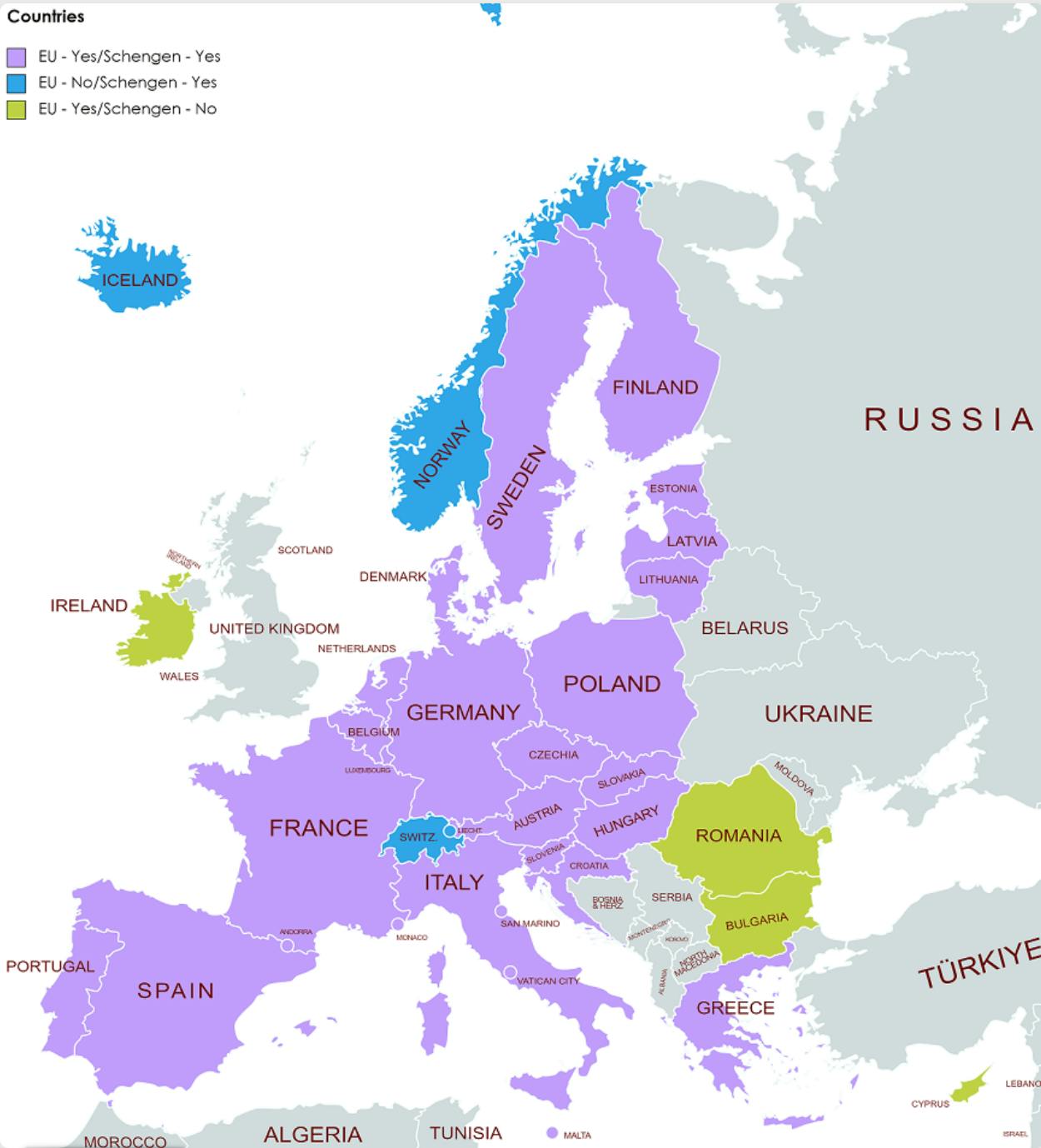 27 Schengen countries in Europe