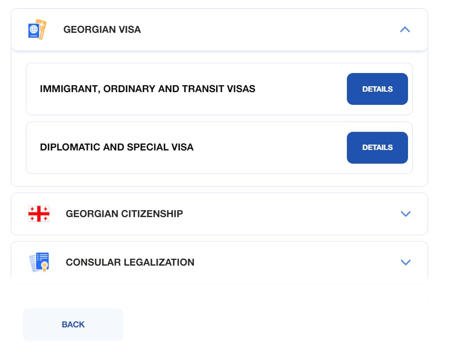 Application step of choosing your Georgia visa type.