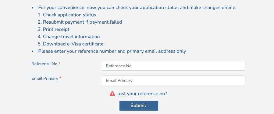 A screen shot of the Cambodia visa status check page