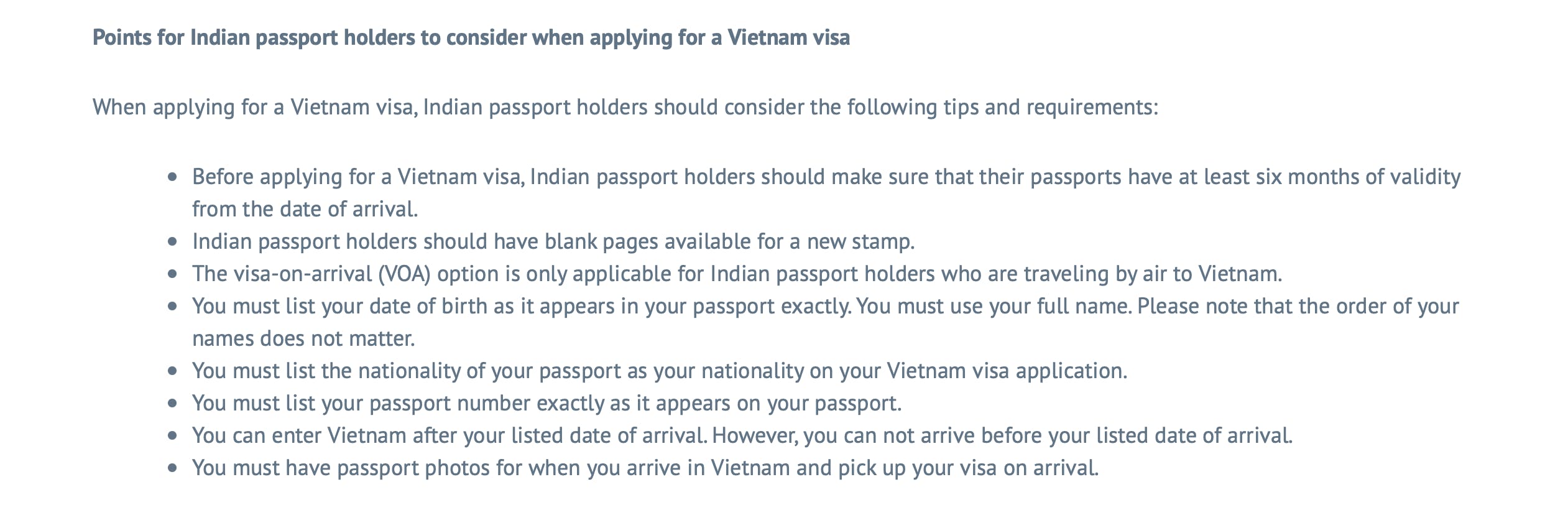 Vietnam VOA details for Indian citizens