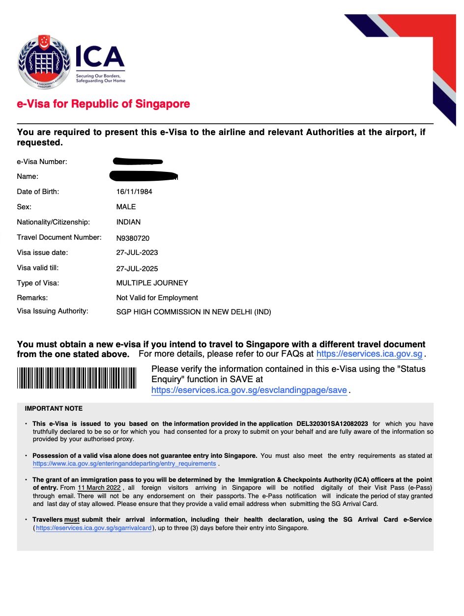 Sample of the Singapore tourist visa