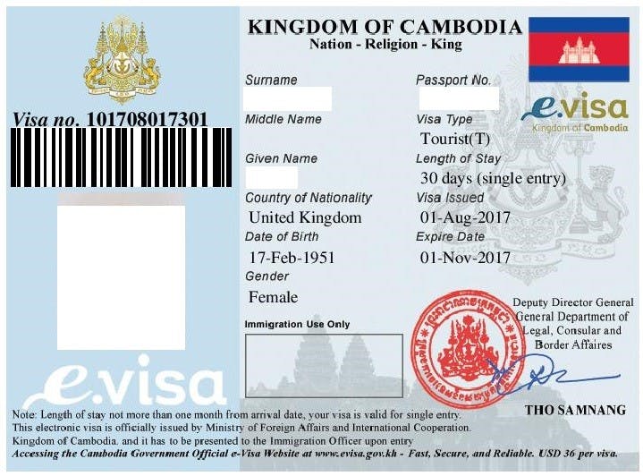 A copy of the Kingdom of Cambodia Visa sample 