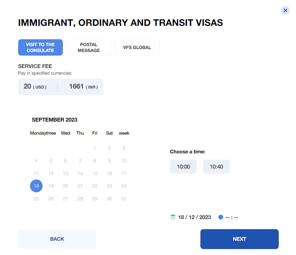 Choosing your visa service and appointment dates.