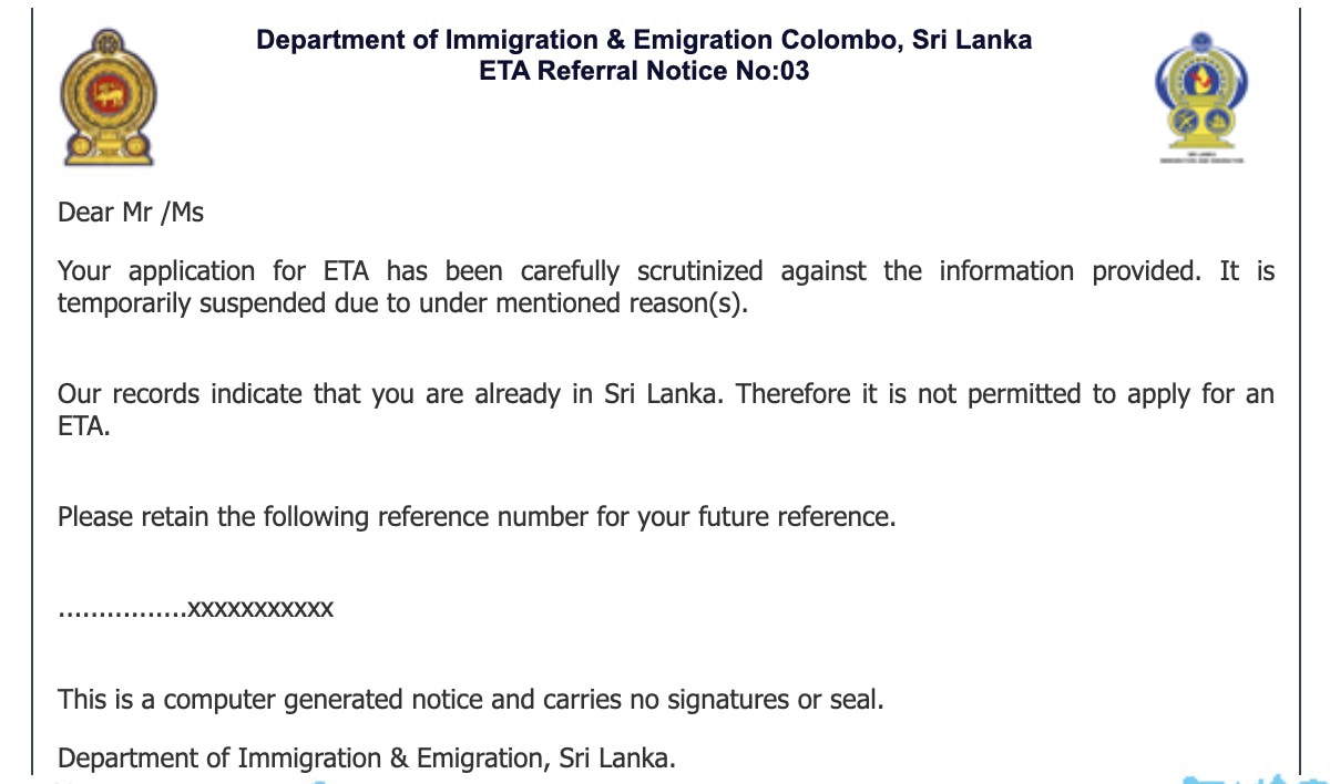 Example of what a Sri Lanka ETA looks like