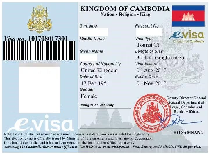 A sample of the Cambodia visa