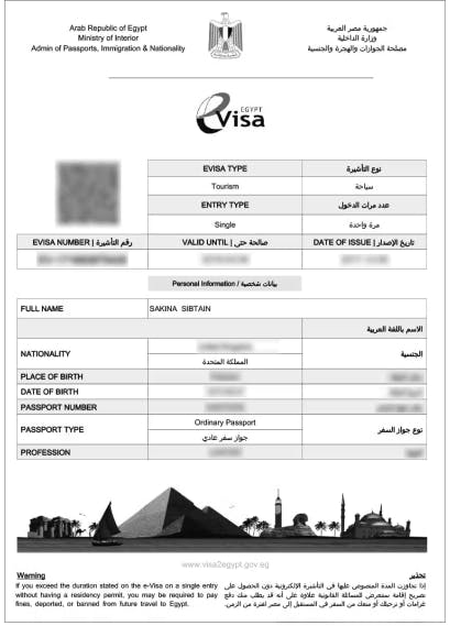 Egypt e-visa sample.