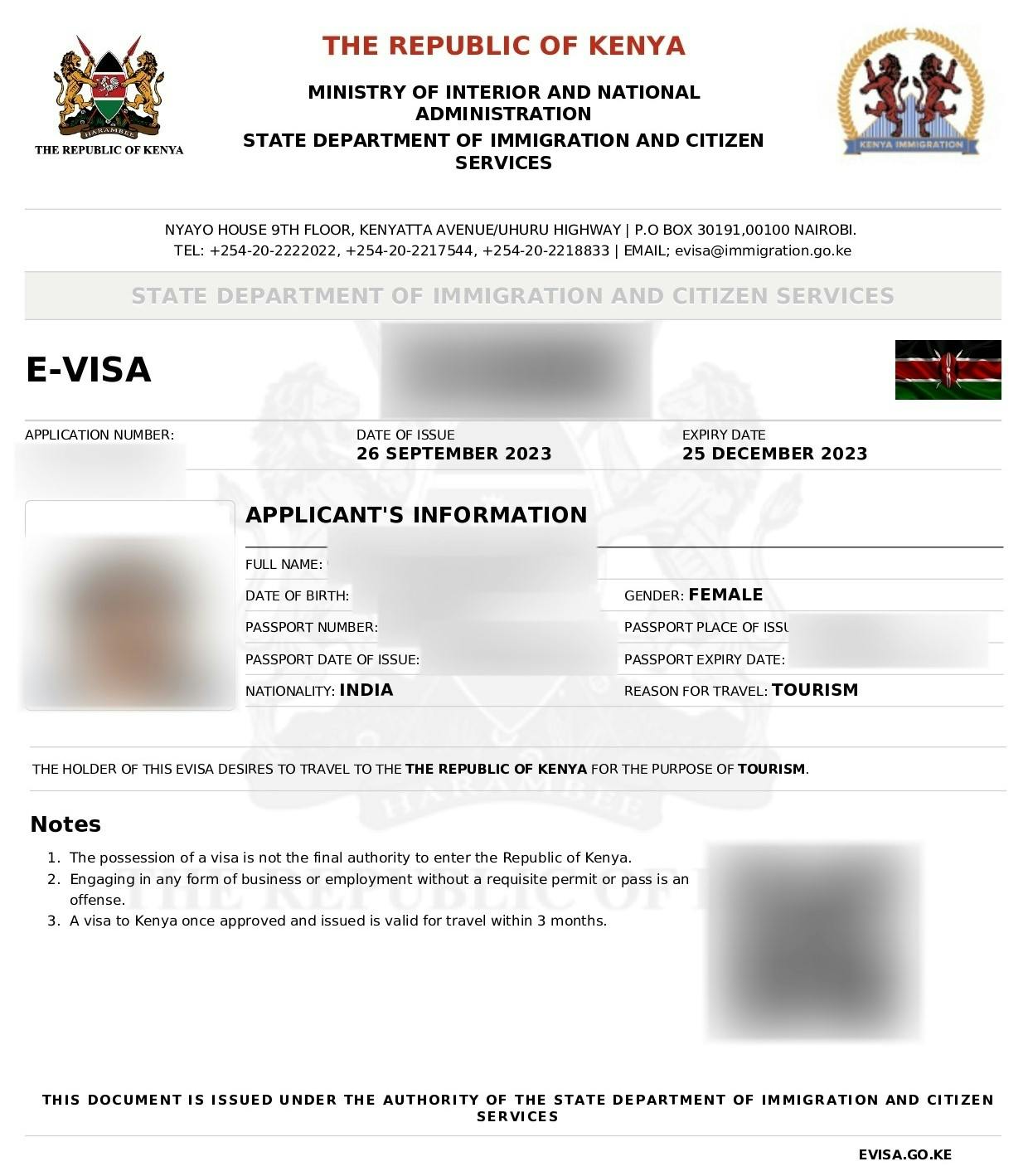 A sample of the Kenya e-visa.