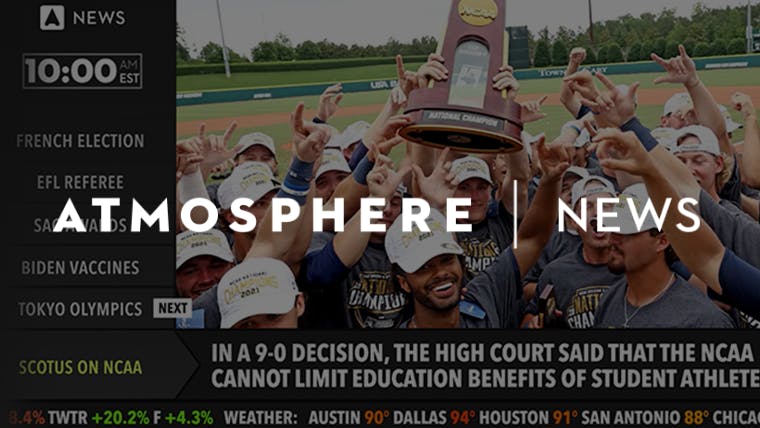 A screenshot from Atmosphere News showing NCAA baseball.