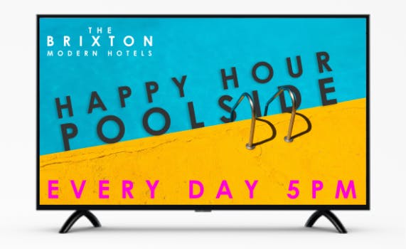 A digital signage promotion for happy hour at the pool on AtmosphereAds.