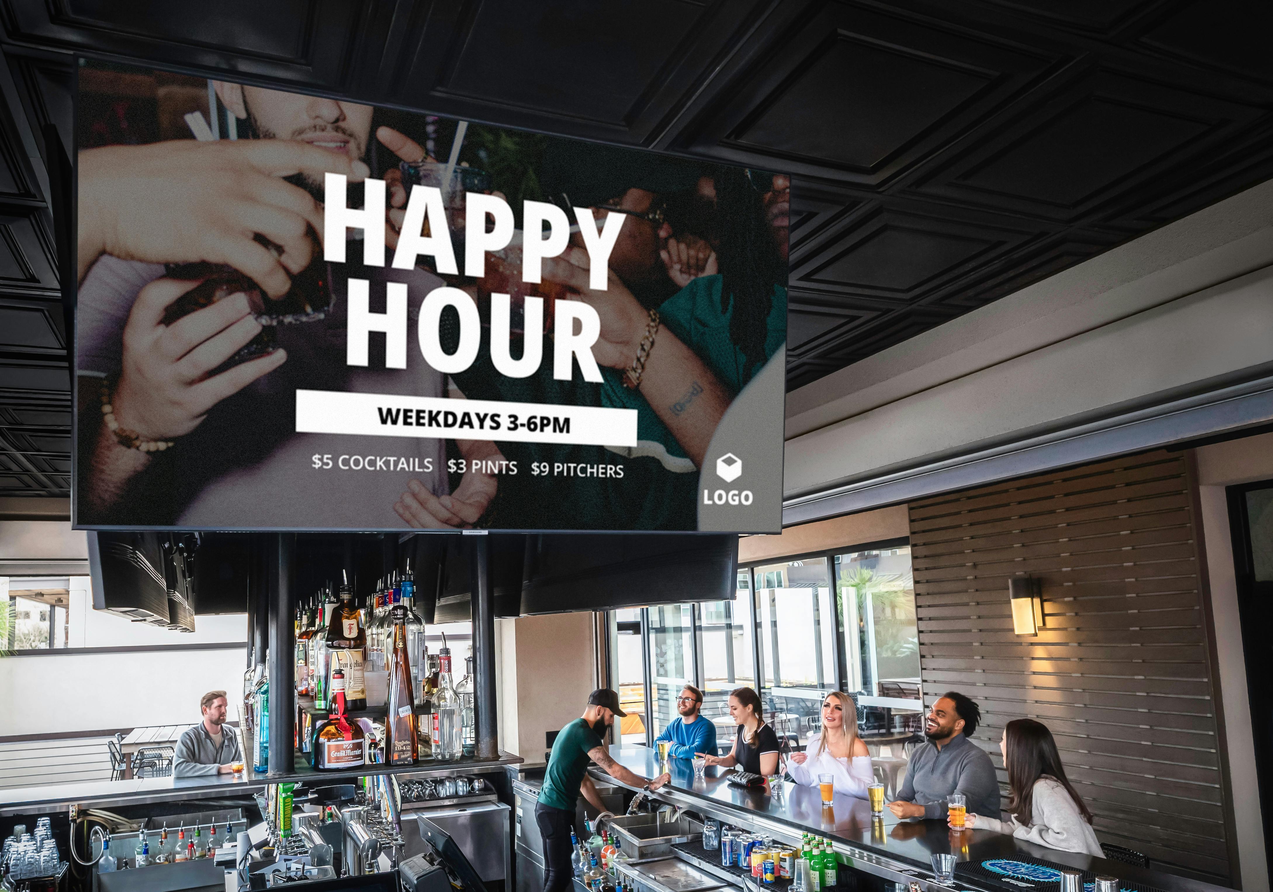 A customer using the Happy Hour template from Digital Signage on their TVs