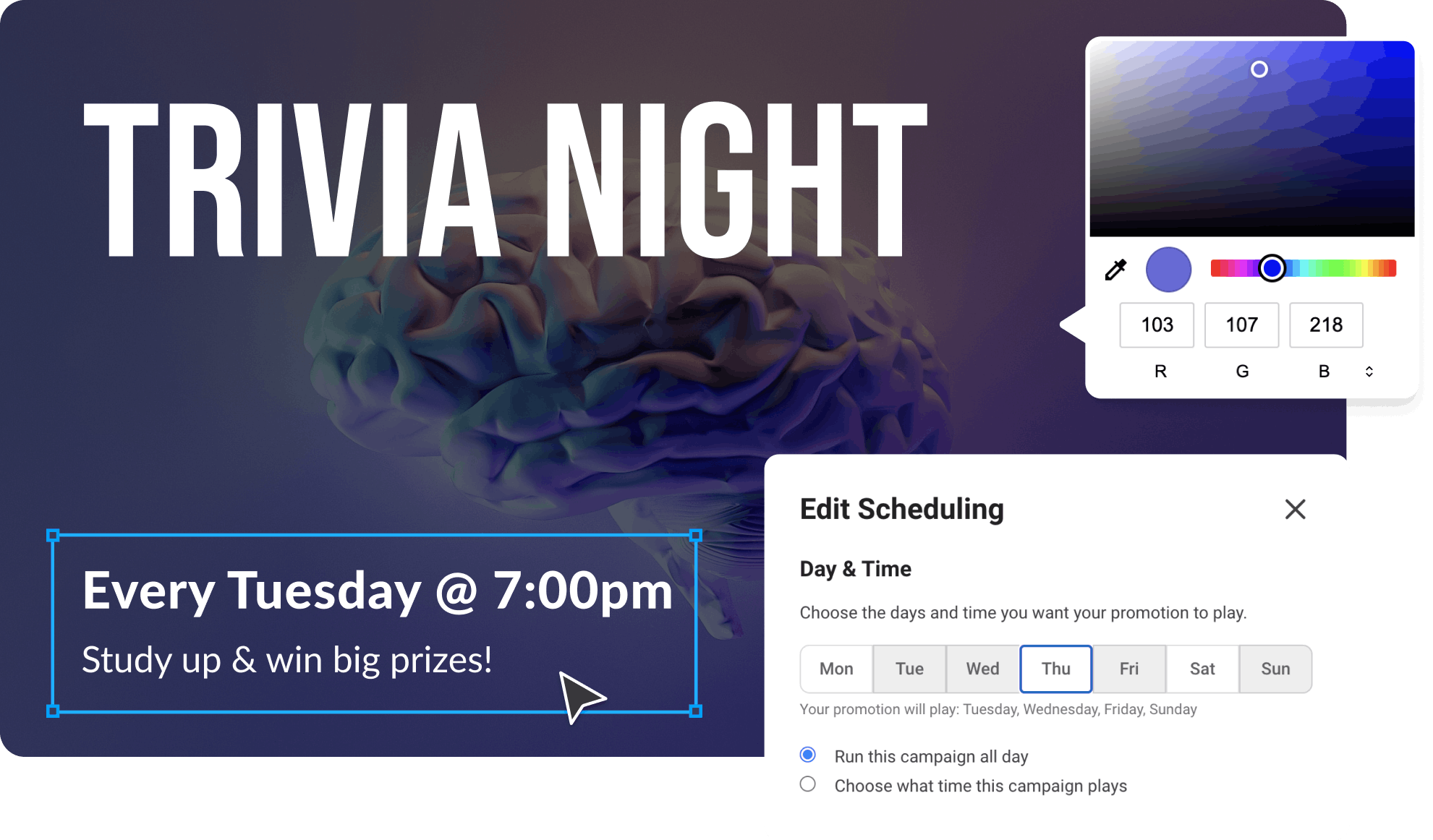 Create and schedule targeted in-venue promotions that display between content when viewer attention is highest. Easily customize when and where ads appear across your network using our simple templates or your own uploaded content.