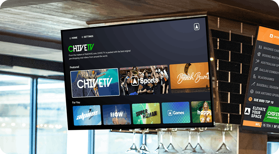Enjoy audio-optional, family-friendly content. Build custom playlists, set schedules, or simply choose channels like Atmosphere Sports, Chive TV, or interactive Chive Trivia.