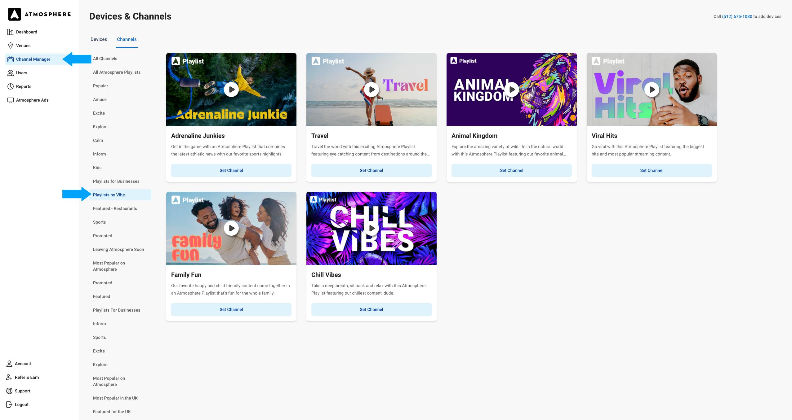 The different types of playlists that customers can select from their Atmosphere Dashboard. 