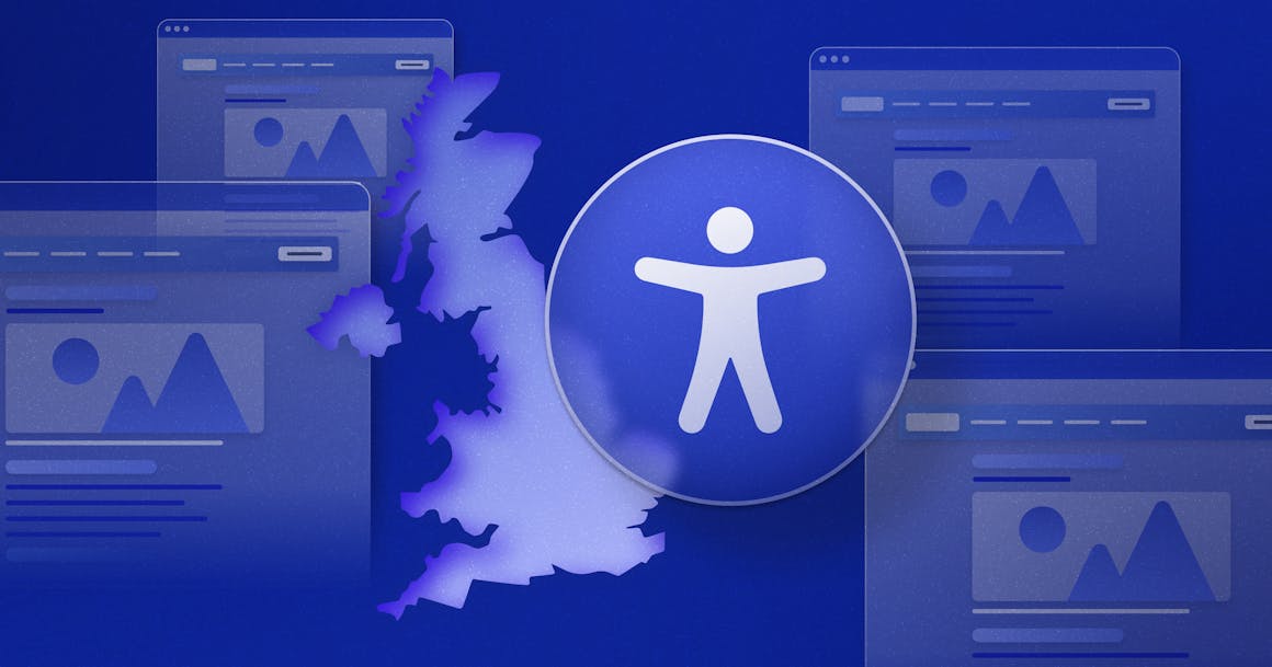 An accessibility icon superimposed on the United Kingdom, with a number of stylized web pages in the background.