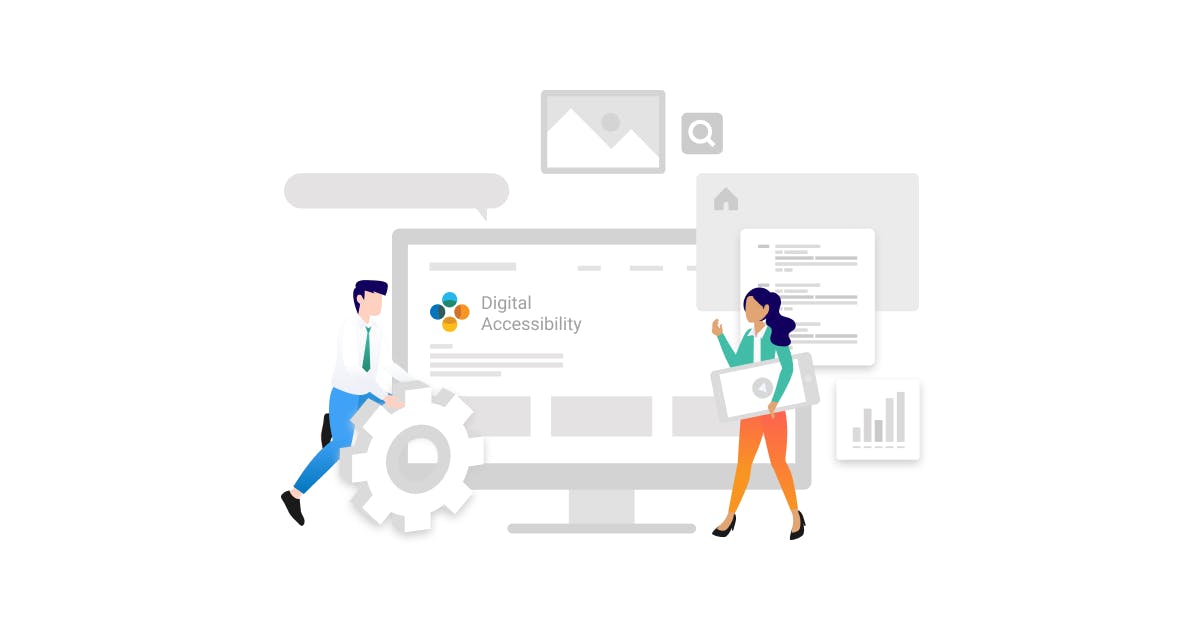 Illustration of a man and woman in front of life-sized computer screen