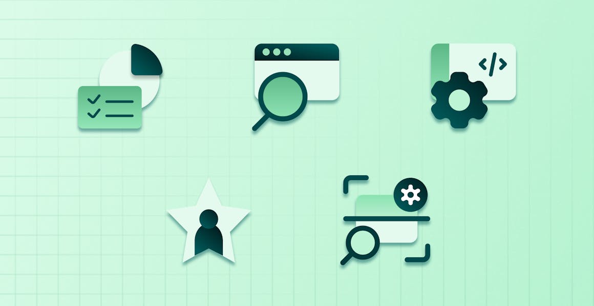A stack of five dark green icons on a gradient green background, representing marketing technology solutions like web analytics and SEO.
