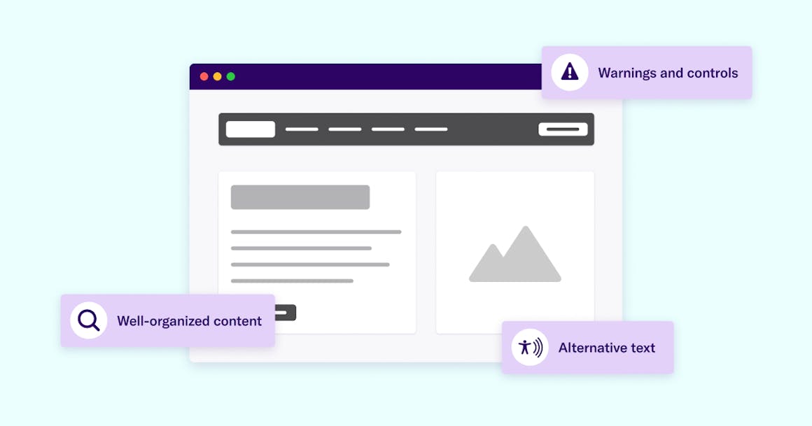 Website with features called out for well-organized content, alt text, and warnings