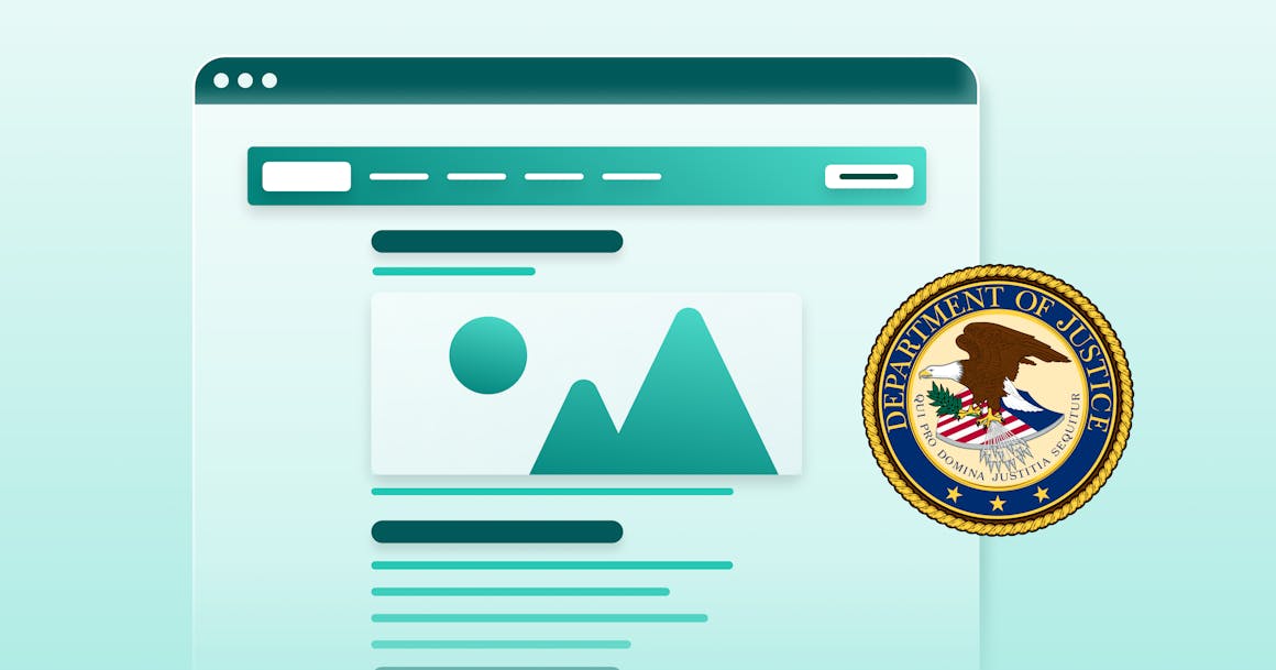 A stylized web page, with the seal of the Department of Justice on the right side.