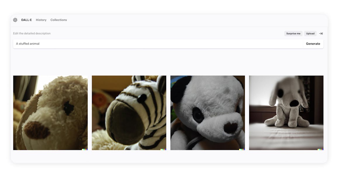 A series of images of stuffed animals under a search field with the phrase "A stuffed animal." Each stuffed animal is different, including a dog, a zebra, and a bear.
