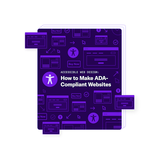 Illustration of ebook cover, with the title "accessible web design: How to make ADA-compliant websites." The ebook has a pattern of icons faintly spanning the dark purple cover, with web browser icons, cursor icons, and arrows pointing in different directions fitting together in a complex pattern. 3 browser icons are popping off of the book cover and floating on top of the ebook. 