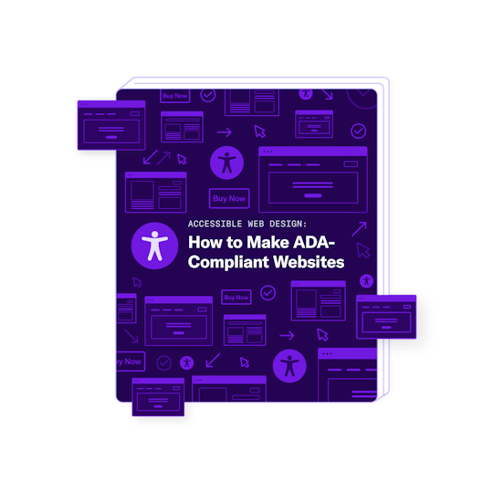 Illustration of ebook cover, with the title "accessible web design: How to make ADA-compliant websites." The ebook has a pattern of icons faintly spanning the dark purple cover, with web browser icons, cursor icons, and arrows pointing in different directions fitting together in a complex pattern. 3 browser icons are popping off of the book cover and floating on top of the ebook.