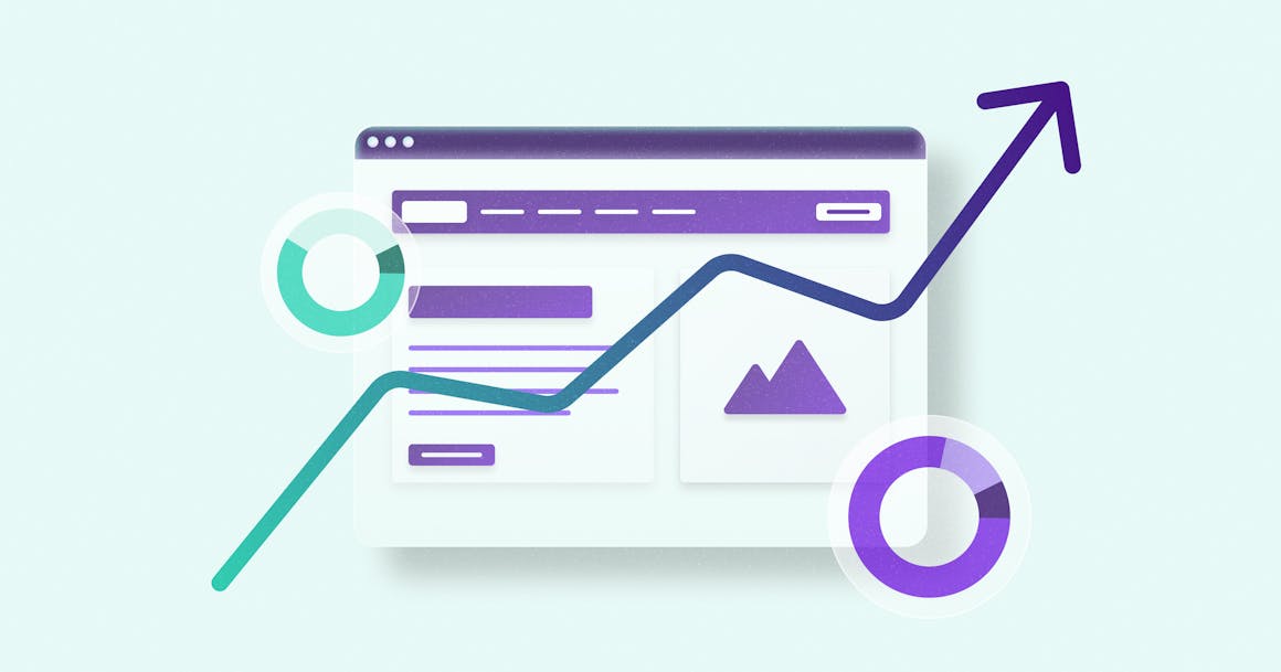 A stylized webpage with different pie charts and an arrow pointing up.