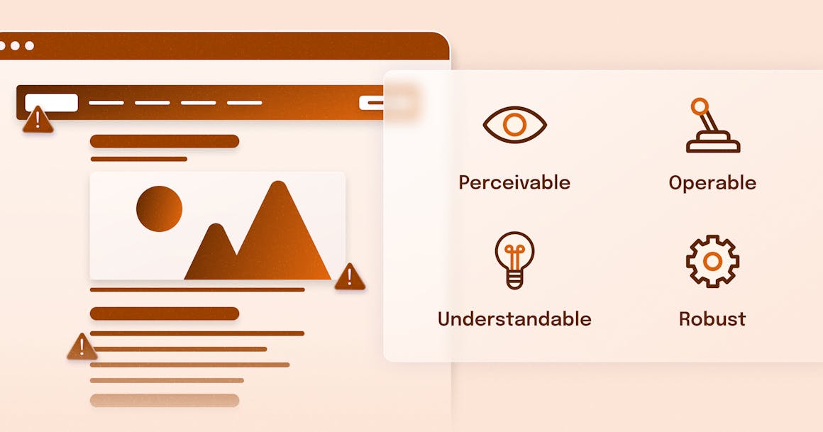 A stylized web page with exclamation marks highlighting accessibility errors, next to four icons that are captioned "Perceivable," "Operable," Understandable," and "Robust."