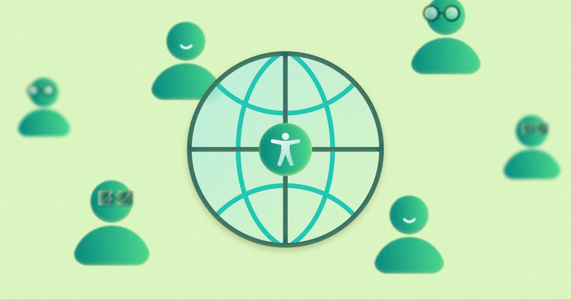 A globe with an accessibility symbol in the center. Icons of people surround the globe.