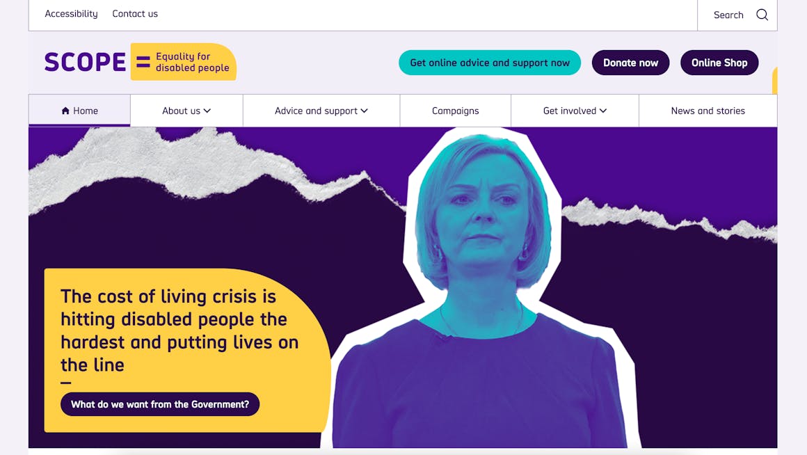 Scope's homepage, which has a dark purple and yellow logo on top of a light purple background.