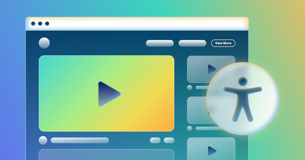 A stylized web page that shows a series of videos with play buttons, next to an accessibility icon