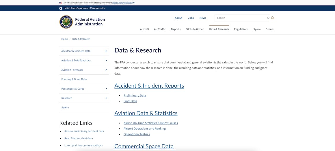 The Federal Aviation Administration's website, with a series of headers for Accident & Incident Report, Aviation Data & Statistics, and Commercial Space Data.