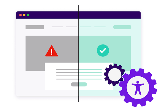 Illustration of a website split in half where the left side shows an inaccessible experience and the other side shows an accessible experience