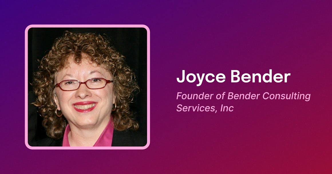 Framed photo of Joyce Bender, a white woman with curly ear-length hair, wearing red-framed glasses, smiling. Text reads "Joyce Bender. Founder of Bender Consulting Services, Inc."
