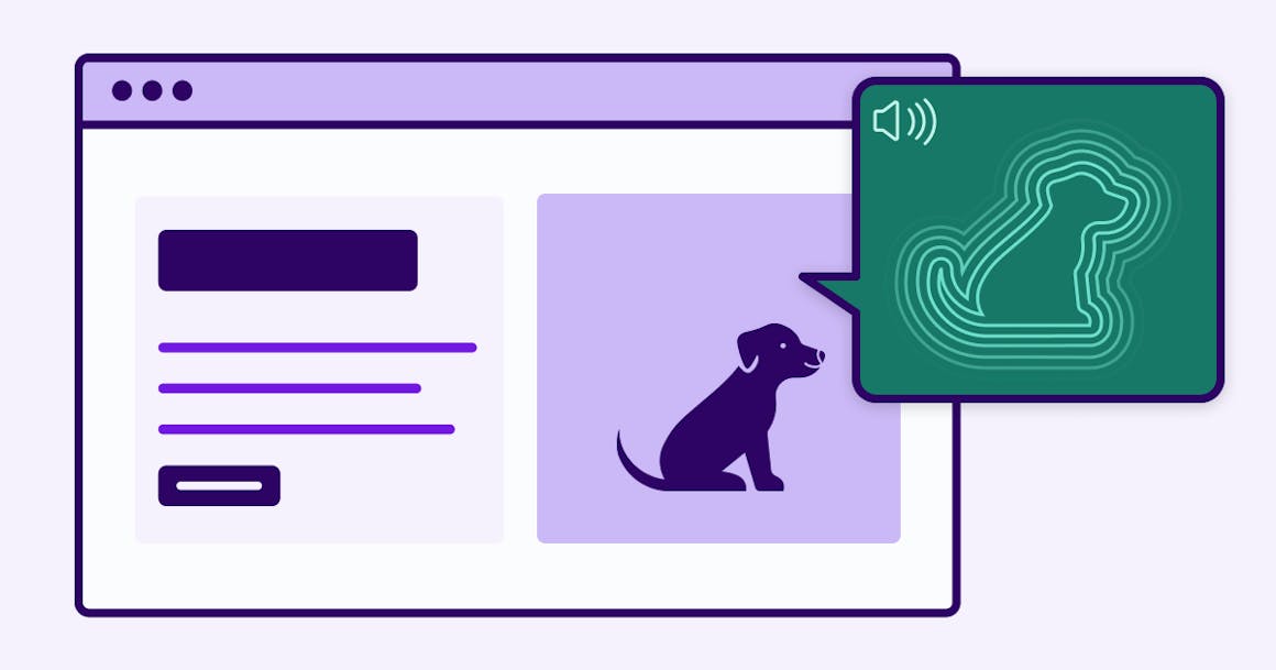 Web page with an image of a dog and a screen reader speech bubble