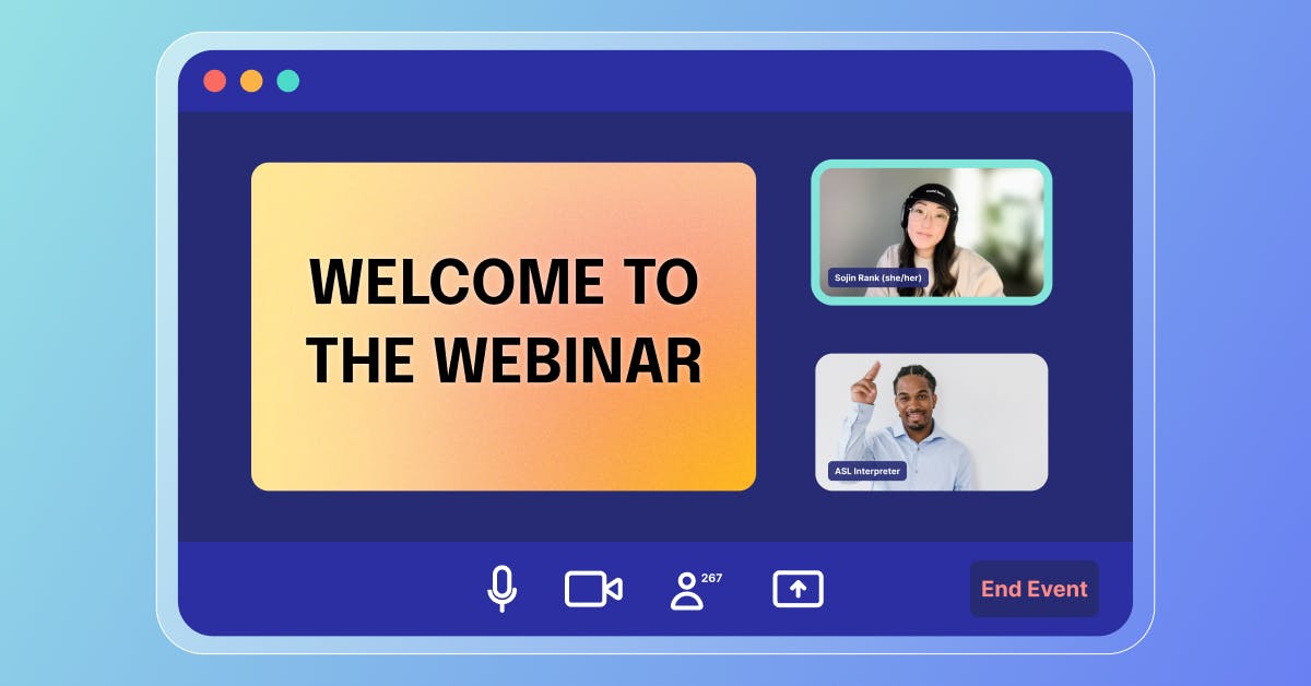 A stylized webinar screen that reads "Welcome to the Webinar." On the right side of the screen are images of two presenters.