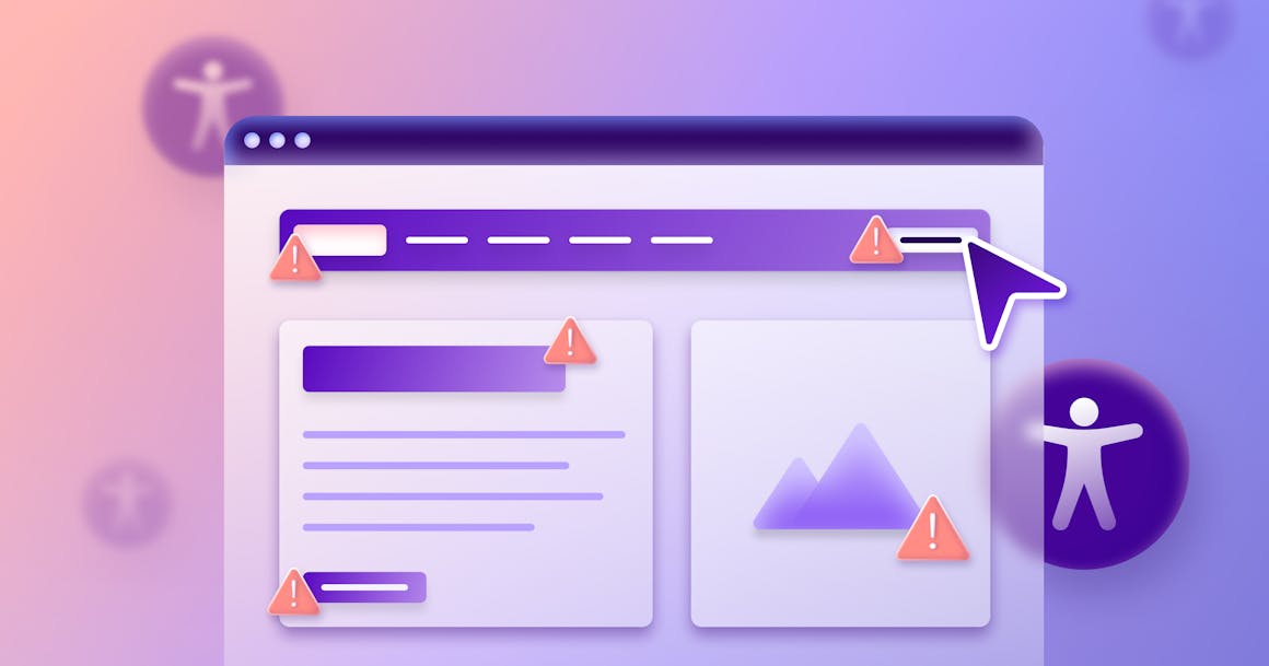 A stylized web browser that shows a number of accessibility errors, with floating accessibility icons in the background