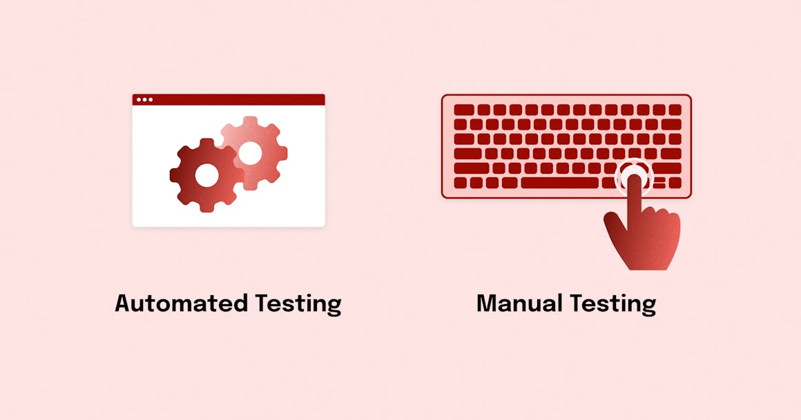 A stylized web page with gear icons and the label "Automated Testing," next to a keyboard and hand icon that is labeled "Manual Testing."