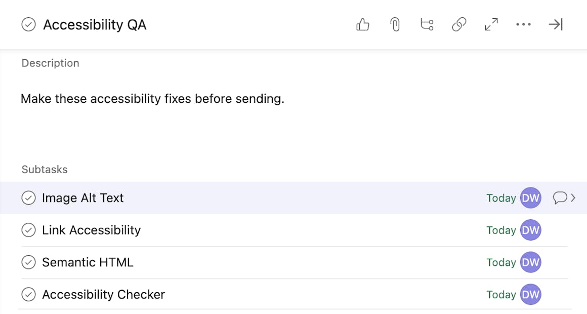 Screen shot of project management tool that displays the accessibility checklist.