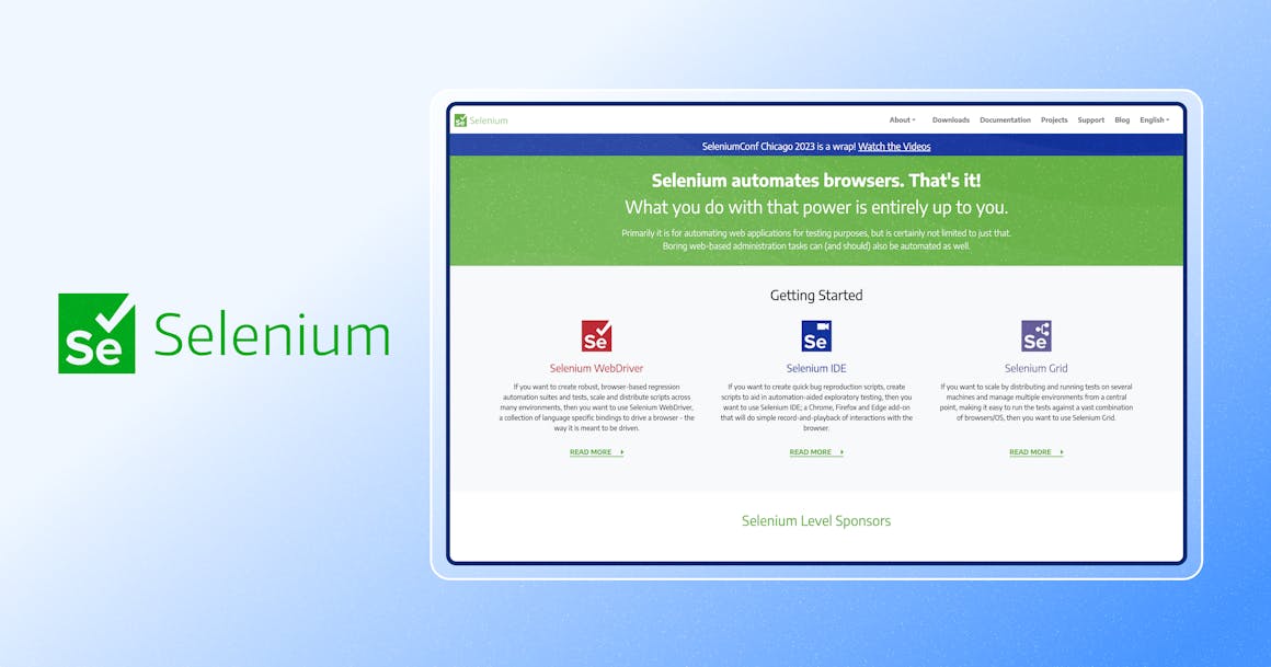 Screenshot of Selenium homepage with Selenium logo next to it.