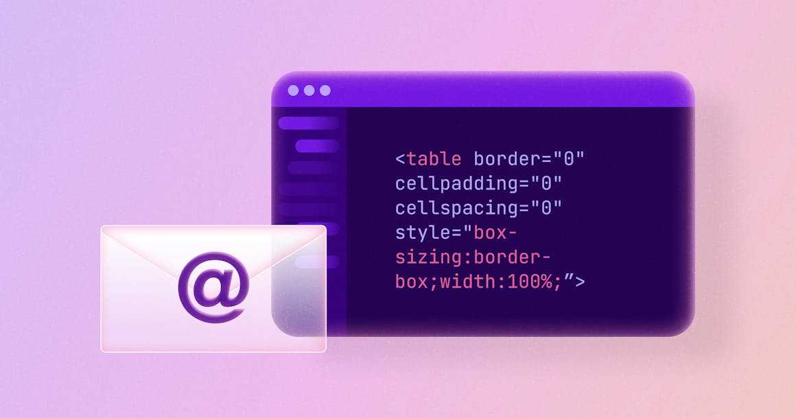 Stylized text editor with code next to a stylized envelope with an at icon.