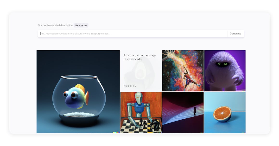 An assortment of different AI-generated images, including a rainbow fish in a fishbowl and a robot playing chess.