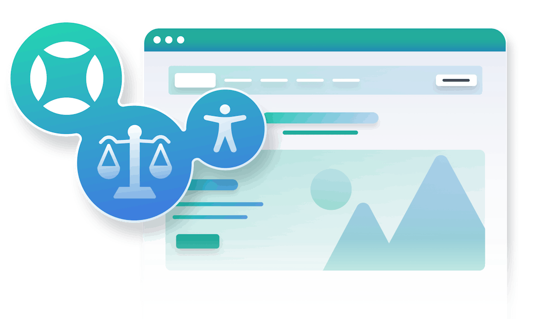 Illustration of a connected blob containing the AudioEye logo, the accessibility symbol, and the scales of justice symbol, floating off of a simplified webpage.