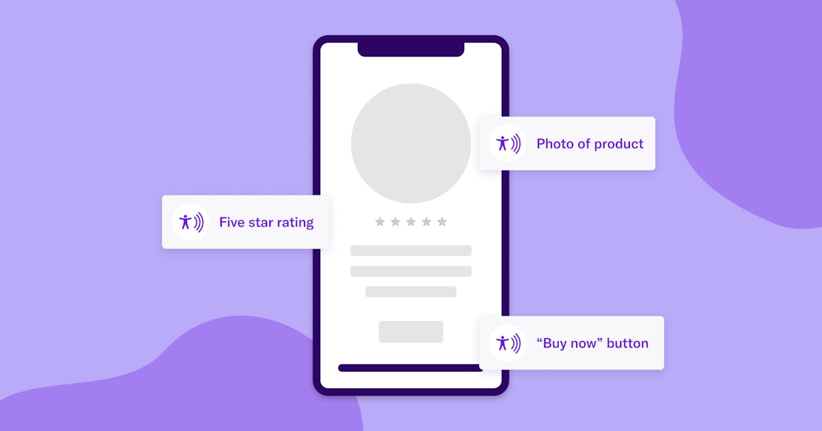 Phone with the descriptions for "Five star rating", "Photo of product" and "Buy now" button available for a screen reader to read outloud
